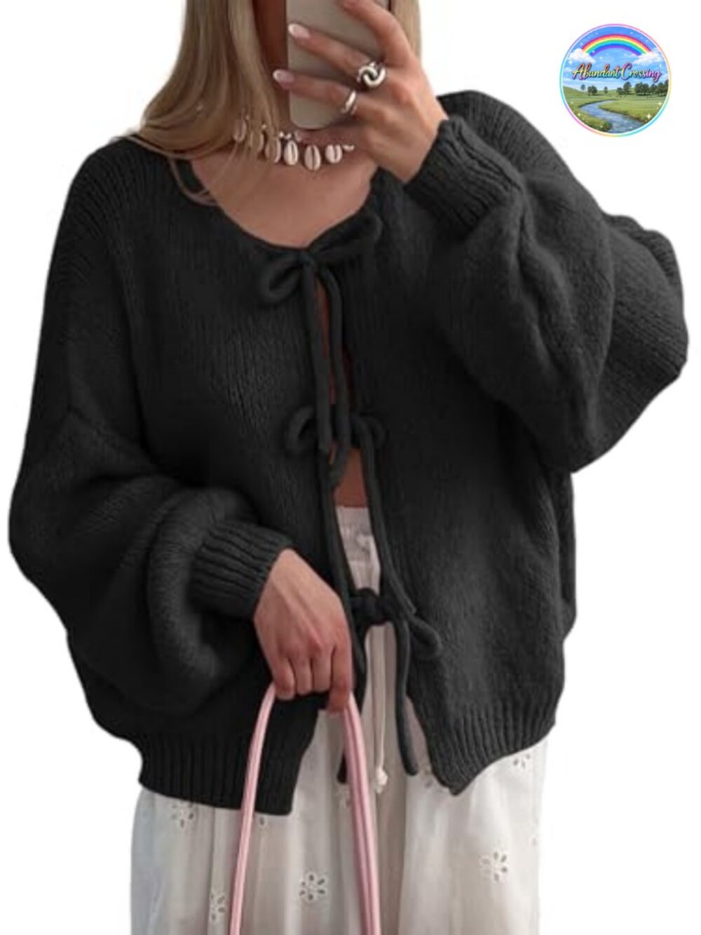 Womens Tie Front Cardigan Oversized Long Sleeve Bow Sweater Ribbed Knit